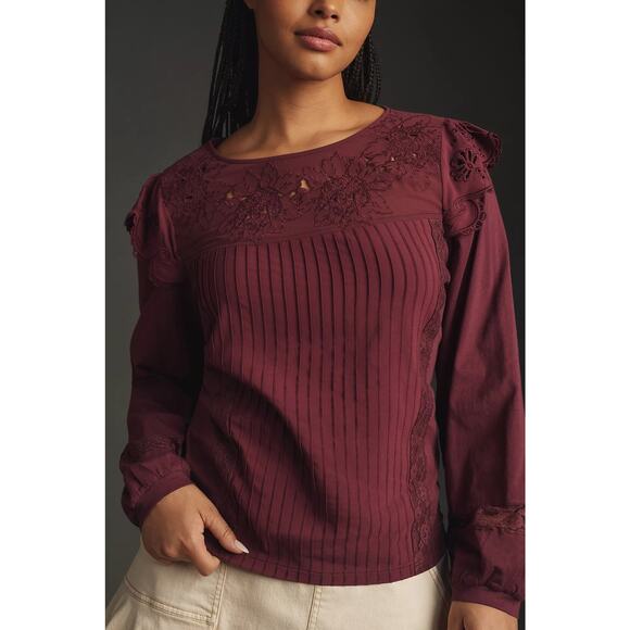 Anthropologie Tiny Burgundy Red Long-Sleeve Crescent Ruffled Lace Top S - Picture 1 of 8